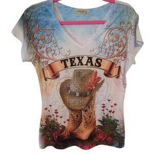 Sweet Gisele Texas Graphic T-Shirt Medium V-Neck Rhinestone  Cowboy